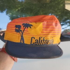 Vintage Pre Worn Orange, Black, Elastic Cap. California Sun Palm Trees. GVPWC
